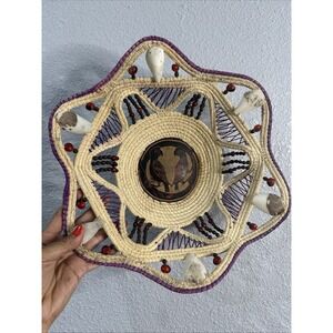 Vintage Beaded & Woven Basket Wall Hanging Art Decor w/ Parrots Handmade 13"